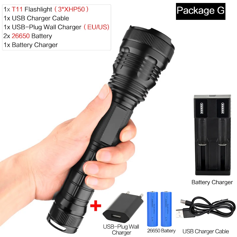 Package G 7500 люменов XLamp 3* XHP50 самый мощный светодиодный фонарик usb Zoom фонарь xhp70.2 xhp50 18650 или 26650 перезаряжаемый аккумулятор для охоты - Испускаемый цвет: Package G