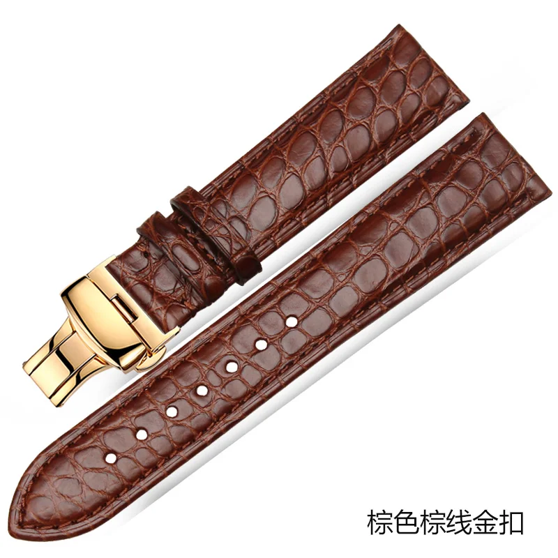 Brown Gold Whatch ремешок из кожи аллигатора с пряжкой-бабочкой для мужчин и женщин мягкий удобный водонепроницаемый низ черный коричневый 12 14 16 18 20 мм - Цвет ремешка: Brown Gold