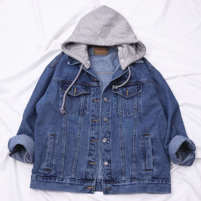 

Spring Autumn Denim Jacket Women Vintage Washed Removable Hooded Jeans Jacket Coat Women Casual Loose Casual Outwear Female