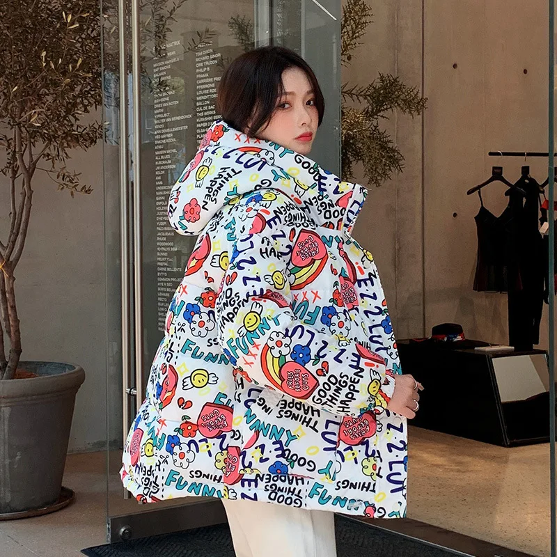 2021 Winter Clothes New Cotton Padded Parka Women Korean Loose Warm Short Bread Coat Graffiti Print Candy Rainbow Hooded Jacket