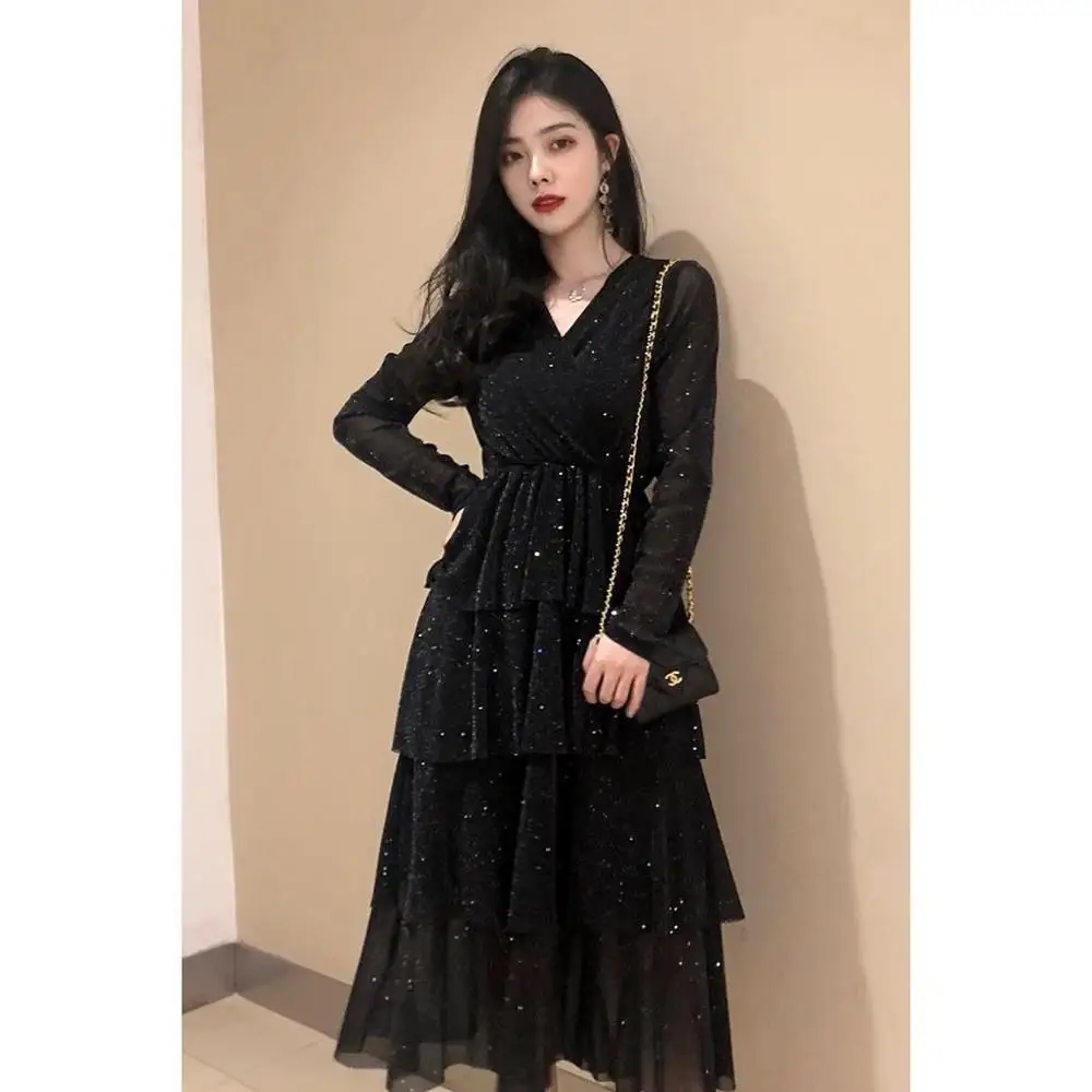 

Women's Spring Autumn Style Mesh Dress V-Neck Ruffles Solid color Sequined Sexy V-Neck Elegant Dress AA3154
