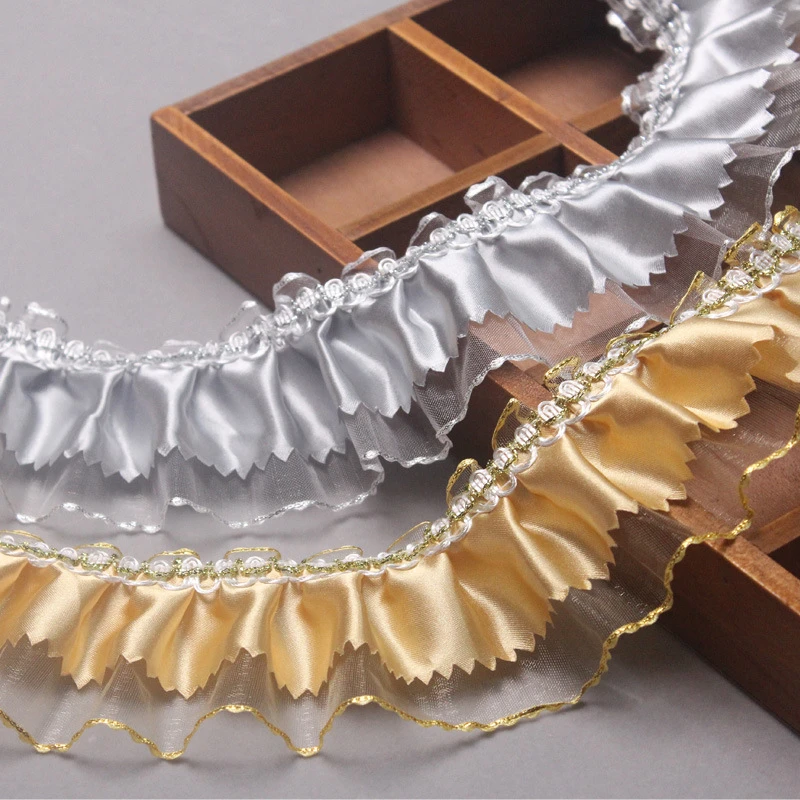 

Creative Double-layer Satin Cloth Pleated Tulle Leaf Lace DIY Doll Children's Clothing Cuff Skirt Hem Trim Pet Toy Bib Sewing