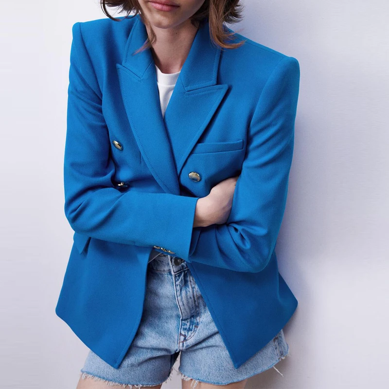 New Spring Autumn Vintage Navy Blue Blazer Coat Women Fashion Pockets Solid Office Suit Jacket Ladies Chic Slim Outwear Tops