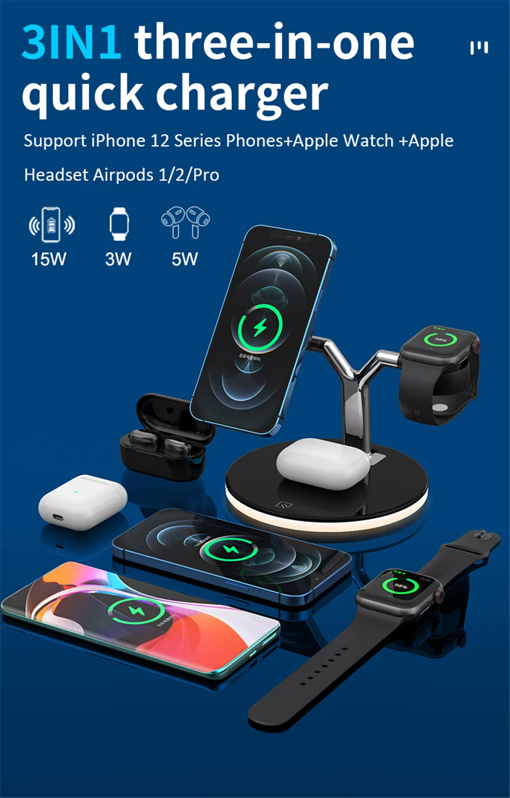 

3 In 1 Fast Wireless Folding Charging Station For MagSafe IPhone 12 Pro Max Phone Wireless Charger For Apple Watch Airpods Pro