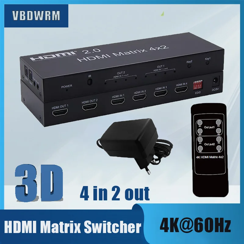 

4x2 HDMI Matrix Switch,4 in 2 Out Matrix HDMI Video Switcher 4K@60Hz 3D Audio Extractor with IR Remote Control & Power Adapter