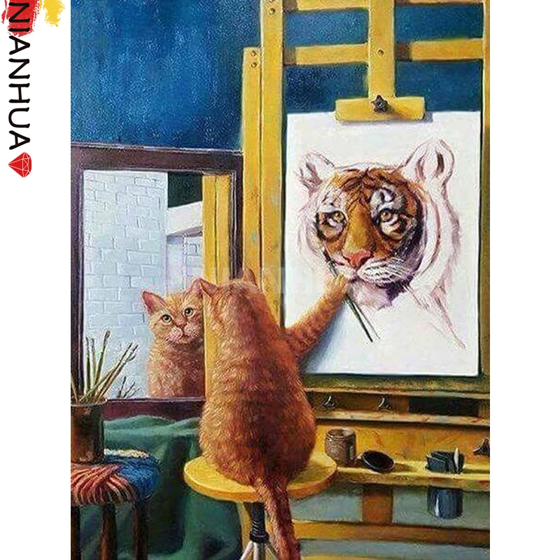 

5D Diamond Painting Cartoon Cat Looking In Mirror Self Portrait Animal Mosaic Kit Photo Square Round Mural Handmade DIY