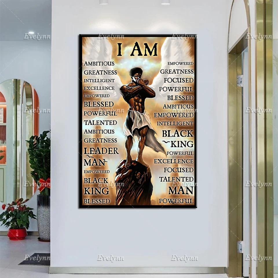 

Black Poster - I Am Black Angel Prints, African American Wall Art, Black Man Home Decor Canvas, Black King, Leader Man,Blessed