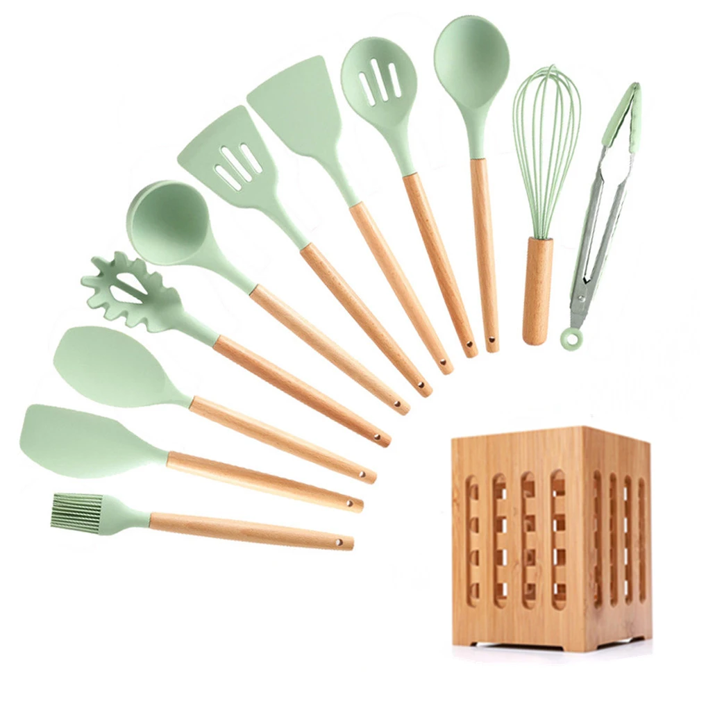 12- kitchen set Набор для кухни, 11/12 предметов. силиконовых кухонный набор, антипригарная, деревянная, ручка, набор кухонных инструментов, набор кухонных принадлежностей, c держателем коробка, для готовки,кухонная утварь - Цвет: 12- kitchen set