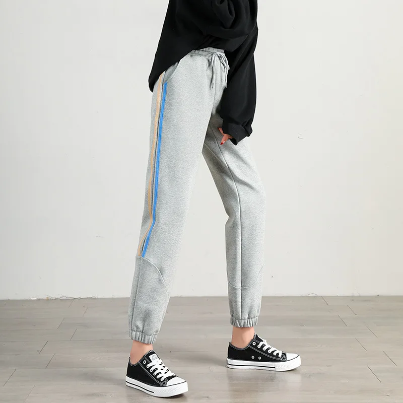 

Summer Striped High Waist Lace Up Sweatpants Joggers Woman Elastici Waist Pockets Loose Casual Pants Ladies Beam Feet Trousers