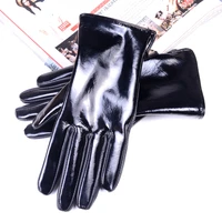 womens ladies real patent leather shiny black woolen lining winter warm touch screen short gloves