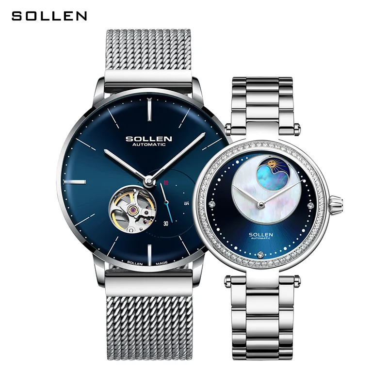 Luxury Brand SOLLEN Japan MIYOTA  Automatic Mechanical Couple's Watches Waterproof Moon Phase Diamond Skeleton Sapphire Clocks