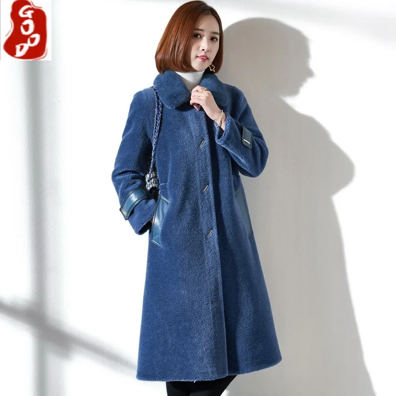 

Real Sheep Shearing Fur Coat Female Parka Natural Wool Jackets Women Mink Fur Collar Overcoat Spring Clothes 2021 LPL1384