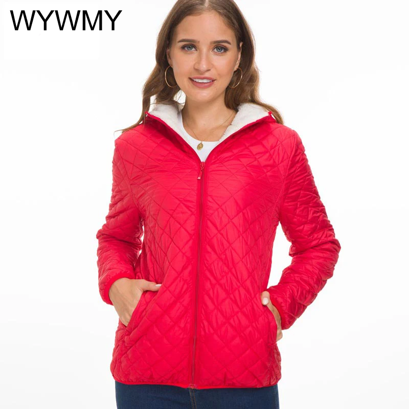 WYWMY Autumn Winter Warm Velvet Lamb Parka Women Hooded Jackets and Coats Casual Basic Fashion Solid Light Soft Famale Outerwear