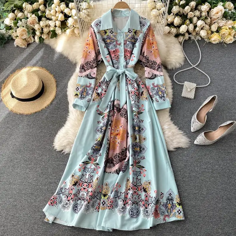 

Vintage Long Sleeve Single Breasted Shirt Dress 2021 Spring Autumn Streetwear Vintage Printed Midi A Line Dress Office Vestidos