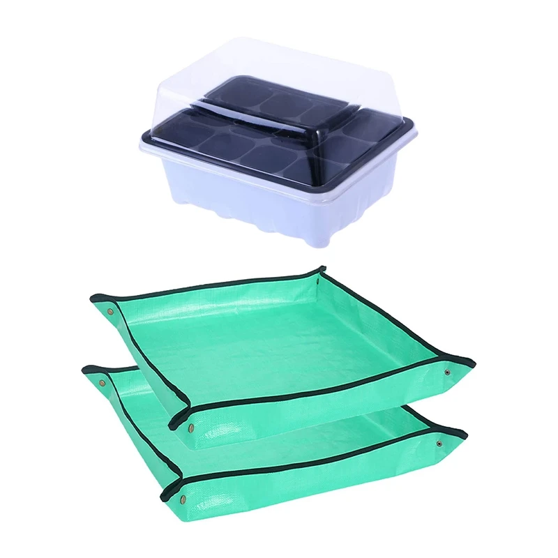 

5 Set 12 Cells Nursery Pot Planting Seed Tray Kit White & 2PCS Plant Transplanting Repotting Mat