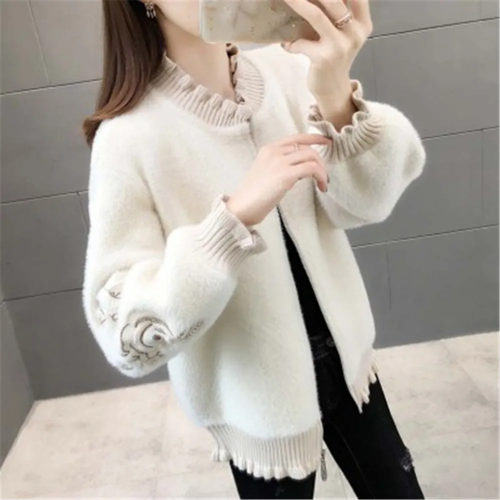 2020 Korean Faux Mink Cashmere Sweater V Neck Embroidery Long Lantern Sleeve Zipper Cardigans Autumn Winter New Fashion Coats |