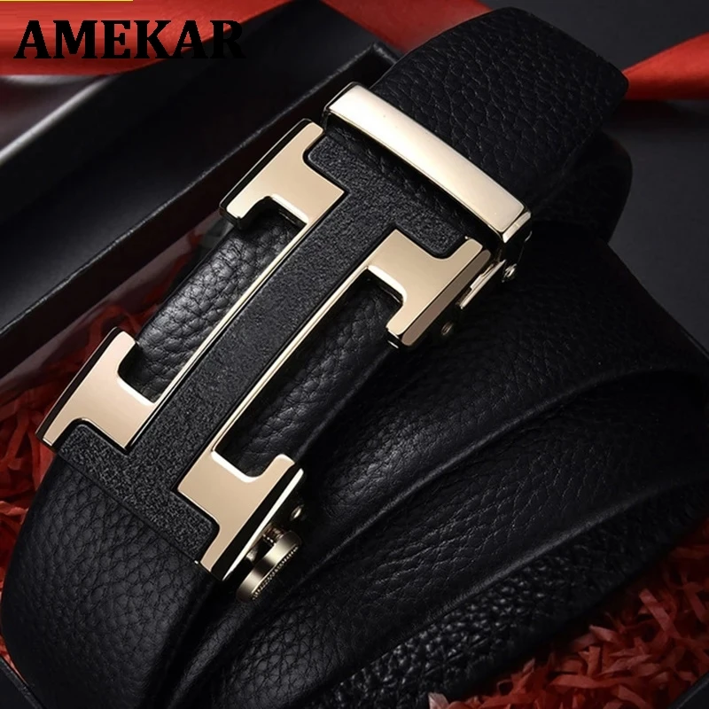 Мужской деловой кожаный ремень с автоматической пряжкой брендовый однотонный H