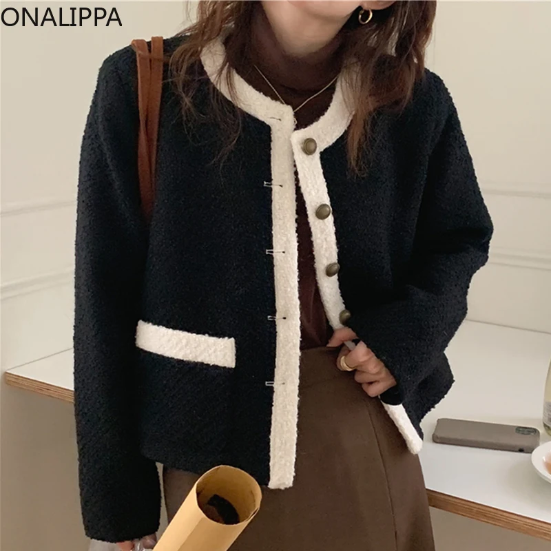

Onalippa Women Jacket 2021 Autumn Winter Retro Round Neck Plush Contrast Stitching Single-Breasted Loose Long-Sleeved Cardigan