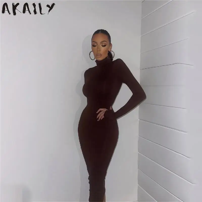 

Akaily осенние белые элегантные макси платья для женщин 2021 Водолазка с длинным рукавом эластичное Длинное Платье женское повседневное черное ...