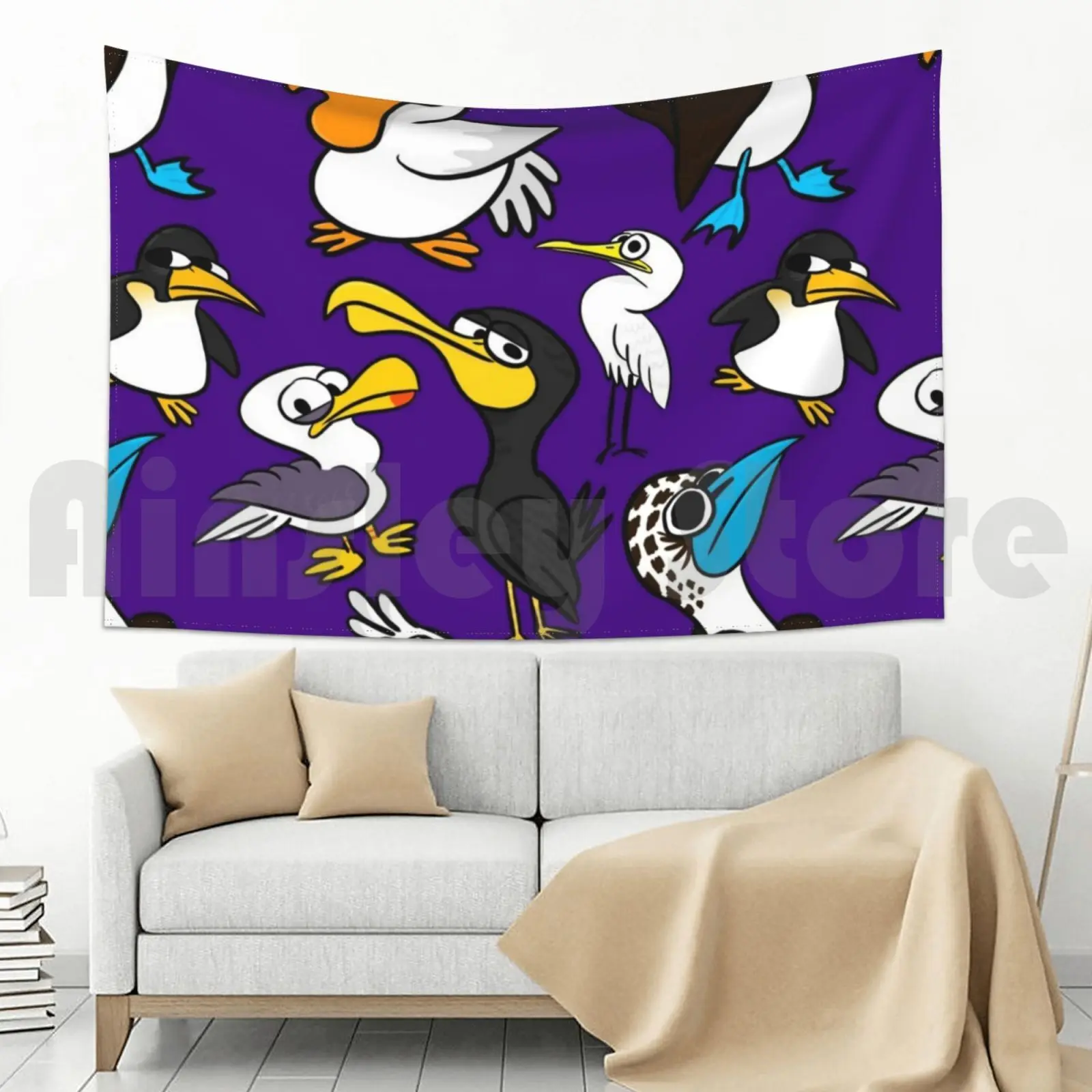 Мультфильм морской волны флоковый гобелен настенный фон флоковая толпа птицы