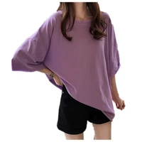 large size summer 2021 stylish and elegant new candy color short sleeves round collar t shirt top loose casual womens wear
