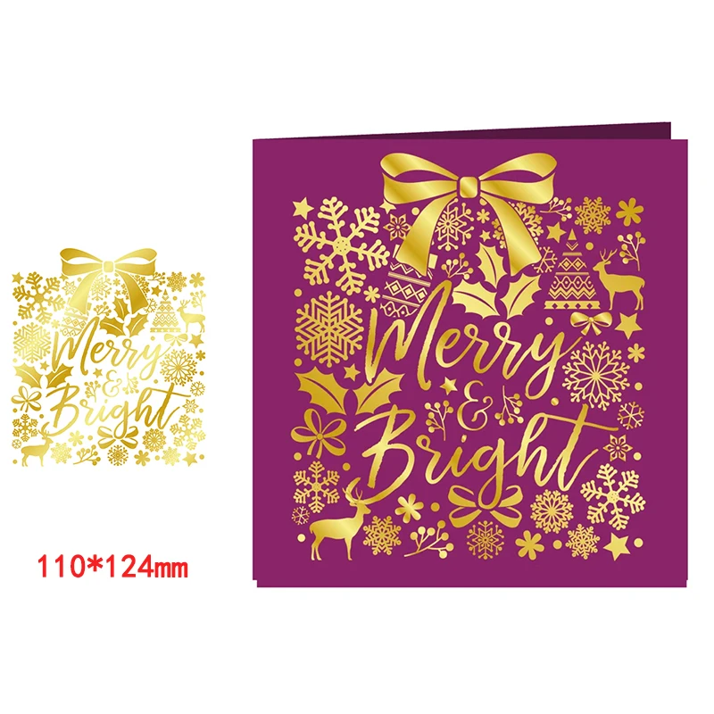 

Square Winter Decorative Frame Bow Holly Snowflake Elk Merry Bright Words Hot Foil Plates for Scrapbooking Diy Paper Cards Craft