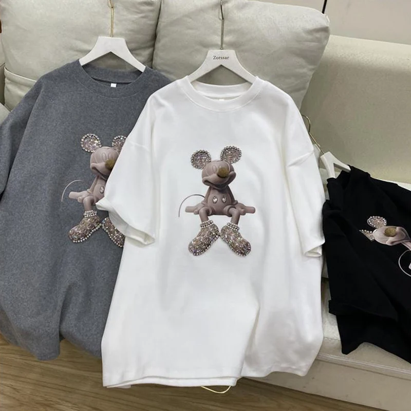 

Disney Brand T-shirt Women High Quality Handmade Diamonds 3D Mickey T-shirt Femme Gray Top Tee Shirt Loose Clothes Poleras Mujer
