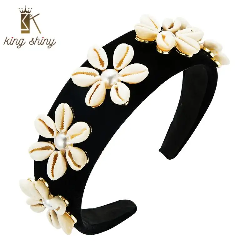 

Vintage Baroque Ocean Shell Flower Headband for Woman Elegant Simulated Pearl Velvet Wide Hairband Girls Party Hair Accessories