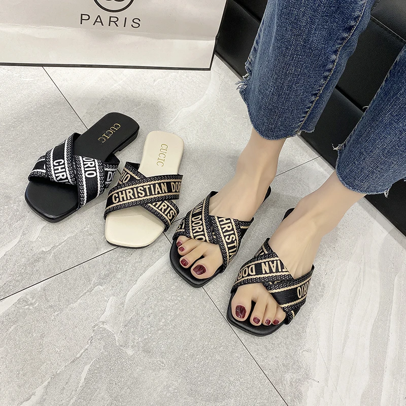 

2021 Casual New Women's Slippers Fashion Open-toed Cross Vamp Letter Modification Trendy Flat-bottom Women's Slippers