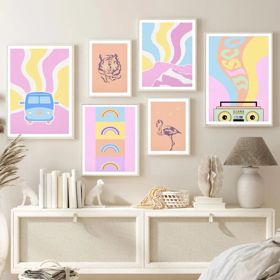 Pastel Pink Car Tiger Mountain Boombox Wall Art Print Canvas Painting Nordic Poster Gallery Wall Pictures For Living Room Decor