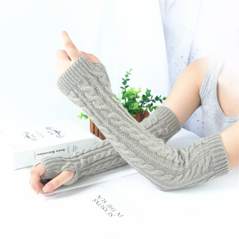 Light grey Зимние шерстяные длинные митенки без пальцев для теплых кашемировых вязанных рукавов без пальцев - Цвет: Light grey