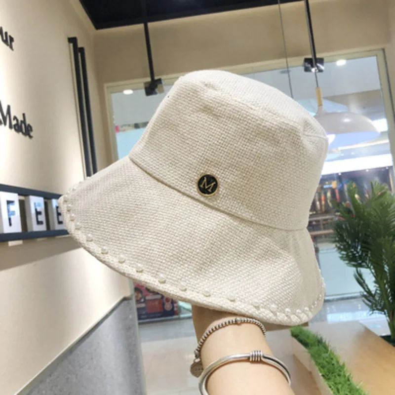 

Autumn Cotton Linen Black Casual Fisherman Hat Korean Pearl Big Brim Bucket Cap M Letter Women Beach Sun Hat Cylind Hat Girl Men