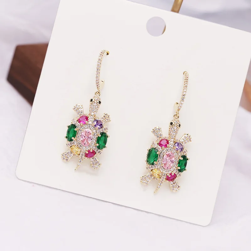 New S925 Silver Needle Individual Fashion Design Sense Small Turtle Earrings for women Coloured Zircon Animal Jewelry | Украшения и