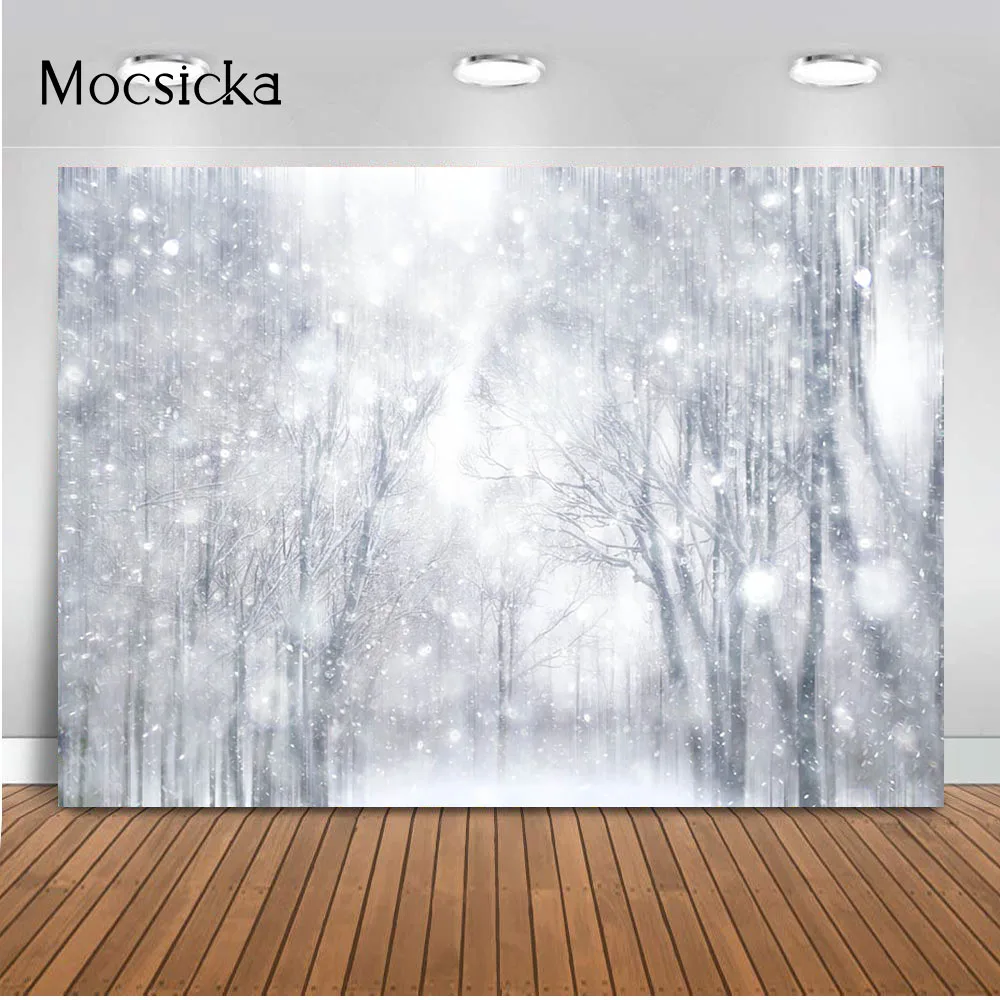 

Winter Snow Forest Photography Backdrop White Snowflake Newborn Children Portrait Background for Photo Studio Road Tree Glitter