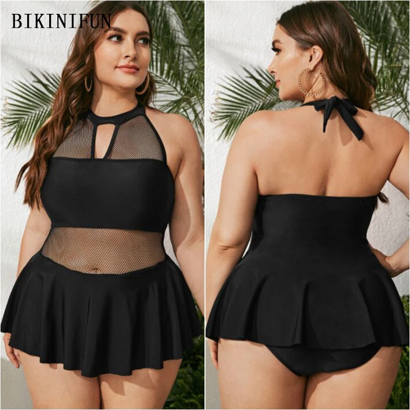 

New Mesh Patchwork Swimwear Women Solid Black Swimsuit Plus Size Monokini XL-4XL Girl Skirt One Piece Suit Backless Beachwear