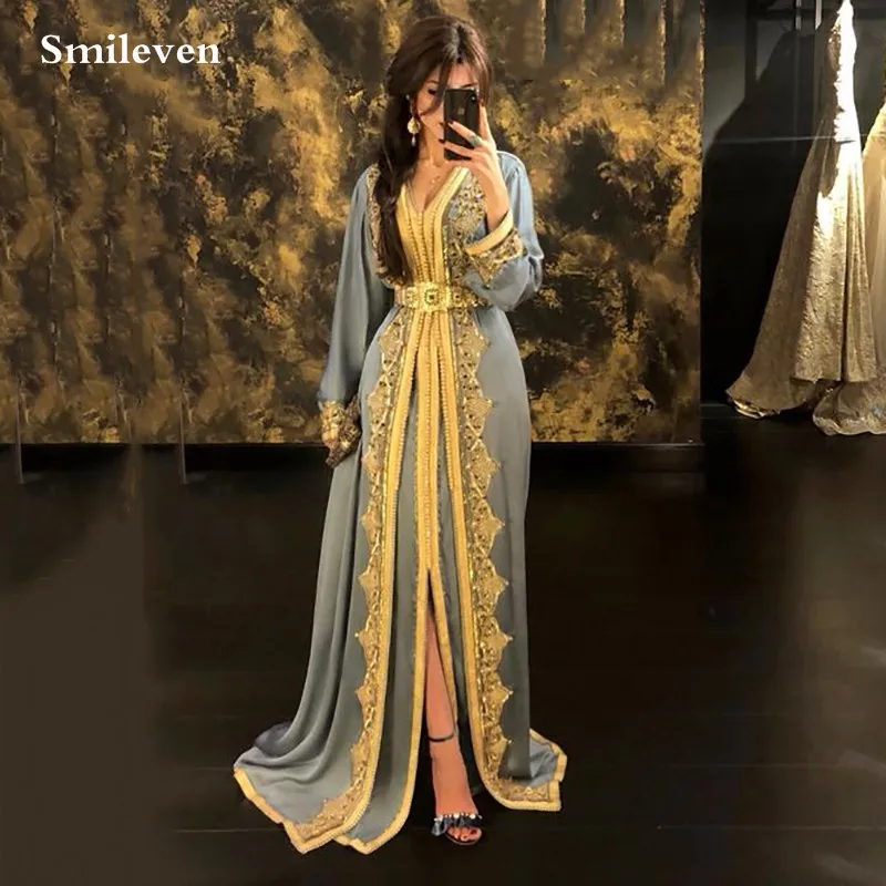 Фото Женское вечернее платье Smileven, синее марокканское платье caftan с v-образным вырезом и кристаллами, вечерние платья для особых случаев в арабском и мусульманском стиле №1