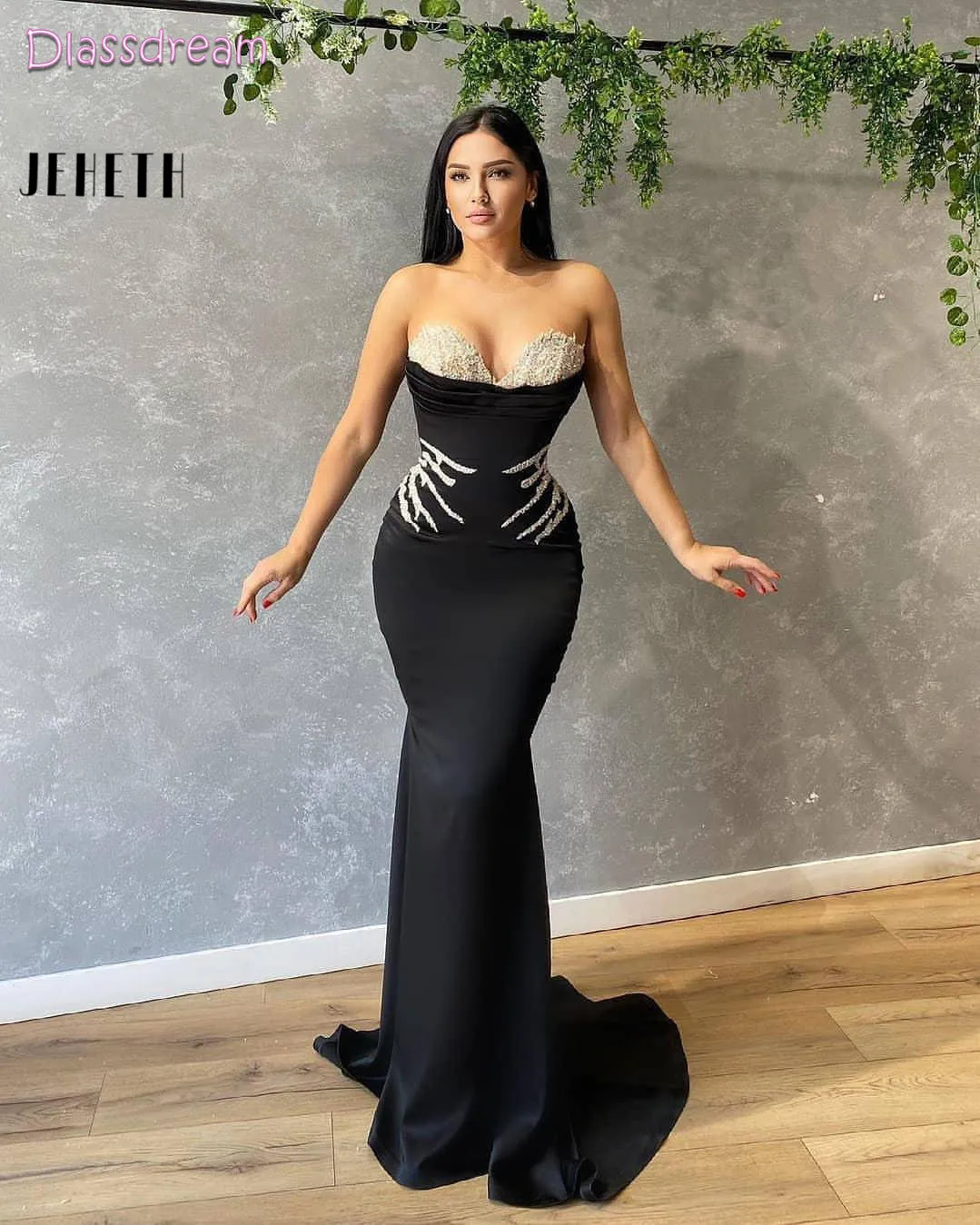 

JEHETH Mermaid Evening Dress Sweetheart Beaded Robes De Soirée Sweep Train Black Satin Vestido De Noche Women Prom Party Gowns