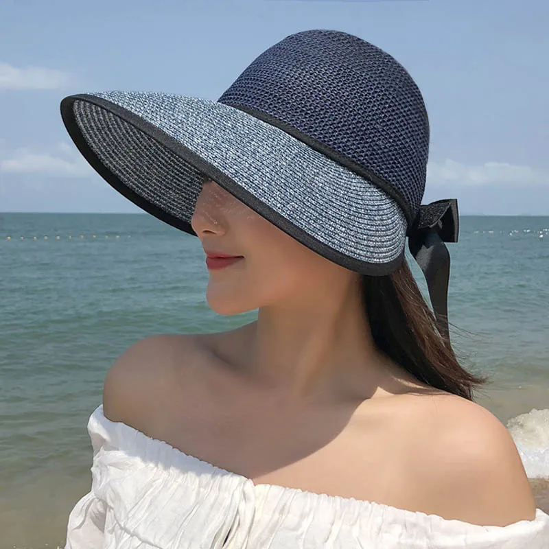 

New 2021 Summer Straw Hat For Women Wide Brim beach Cap UV Protection Visor Sun Hats Bow Korean Style Panama Floppy Sunhat