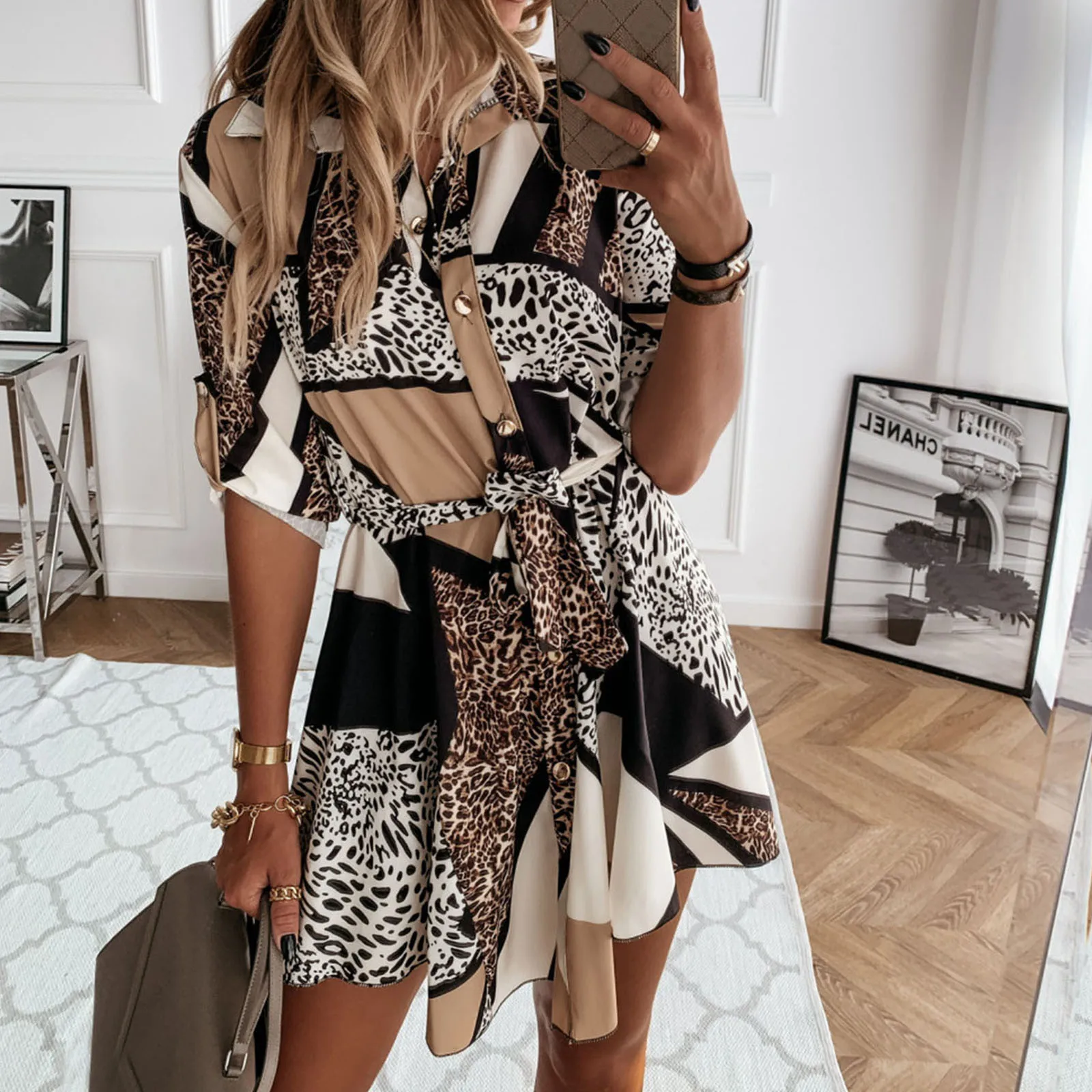 

Womens Fashion Leopard Print Dress Autumn Lapel V-neck Button Lacing Slim Body Wrap Hips Shirt Mini Dresses Vestidos ropa mujer