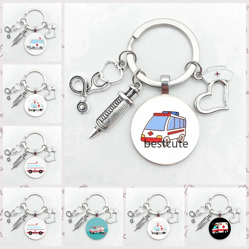 

New Ambulance Medicine Box Jewelry Keychain Glass Pendant Doctor Keychain Nurse Medicine Doctor Keyring Souvenir Graduation Gift