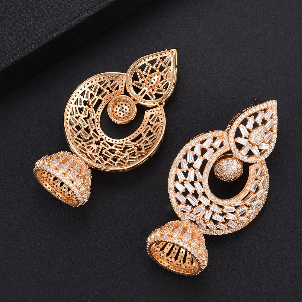 

61MM Luxury Three Tones Geometry Waterdrop Pierced CZ Dangle Drop Earrings For Women Wedding aretes de mujer