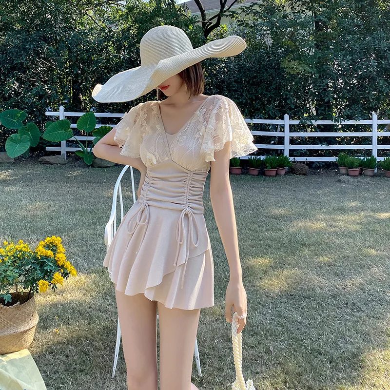 

2021 New Short Sleeve Bathing Suit Sexy V Neck Backless Hot Spring One Piece Swimsuit Collect Waist Skirt Swimwear Beach Wear