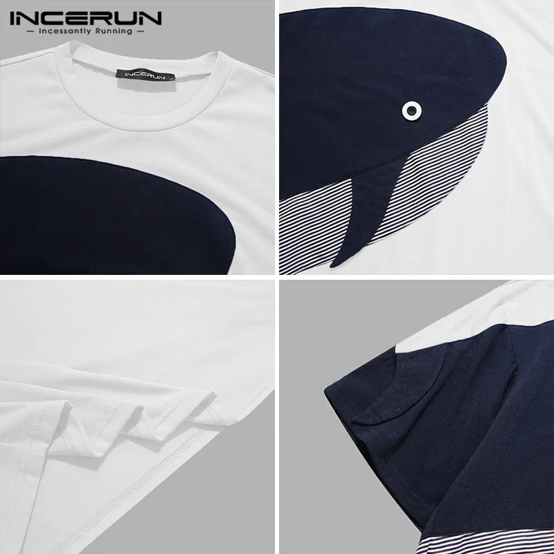

Men Casual Patchwork T-Shirts INCERUN Short Sleeve Crew Collar Blouse Summer Stitching Color Tee Tops Male Breathable Camisetas