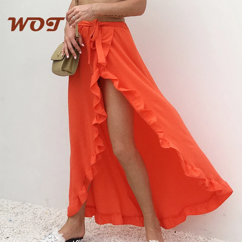 

2021 New Design Ruffled Lace-Up Womens Skirt Sexy High Waist Cross Skirt Slit Skirt Holiday Beach Skirt