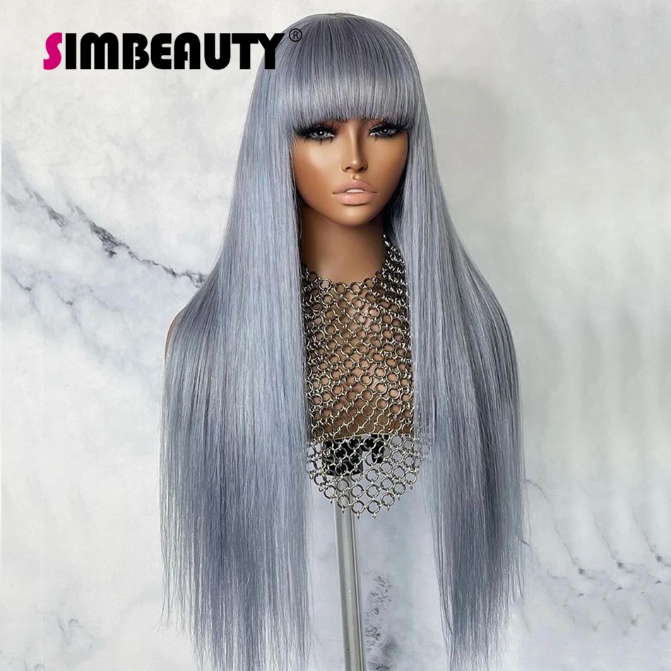 

Шелковистые прямые 30 дюймов длинные кружевные передние серые человеческие волосы парики для женщин с челкой 180 плотность бахрома прямые во...