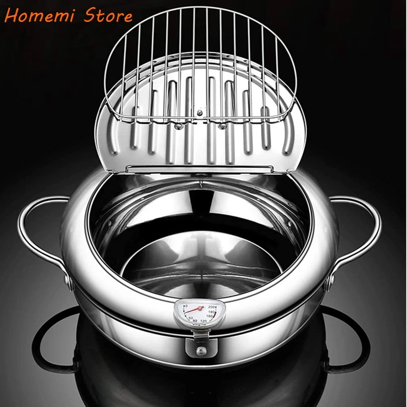 

Tempura Fryer Pan Deep Frying Pot Household Stainless Steel Oil Filter Nonstick Oil Temperature Visible Mini Frying Pan