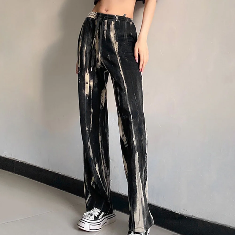 

High Street Fashion Trends Casual Pants 2021 Summer Loose Casual Designer Women's High Waist Straight Tie-dye Lace