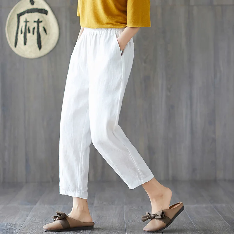 

Cotton Linen Big Pocket Women's Pants Solid Elastic Waist Loose Ankle-length Trousers For Female 2021 Summer Straight-leg Pant