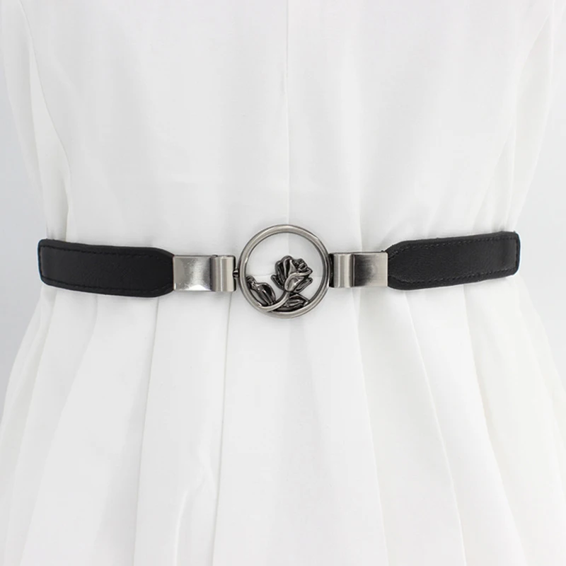 

Women Belt Retro Concise All-match PU Leather High-elastic Flower Decoration Buckle Belt For Dress