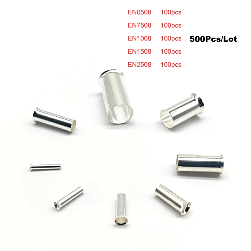 

500Pcs Tube Bare Cord End Crimp Terminals Naked Electrical Wire Cable Connector EN0508~2508 Copper Ferrules 22-14AWG 0.5-2.5mm2